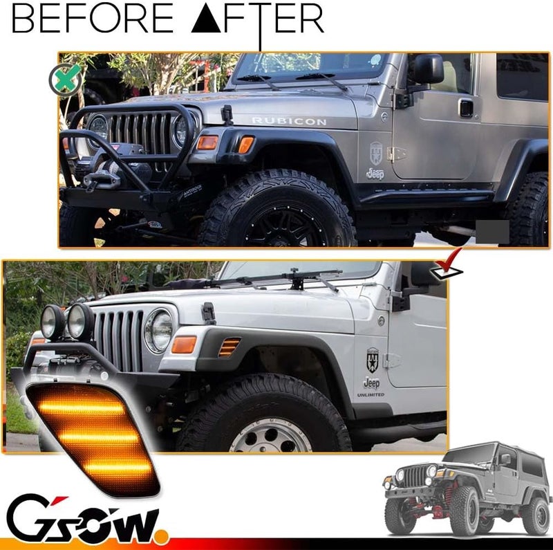 GSOWO 2 PCS Amber LED Side Marker Light for J-e-e-p Wrangler TJ 1997-2006, Smoked Lens Front Turn Signal Indicator, Left/Right Side Fender Sidemarker Lamps - Image 2
